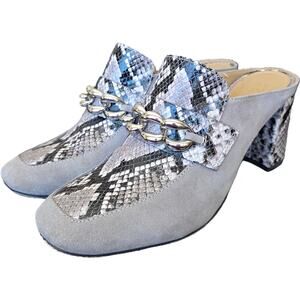 Donald J. Pliner Calista Grey Suede Python Stacked Heels Slip-On Mules   EUC 8